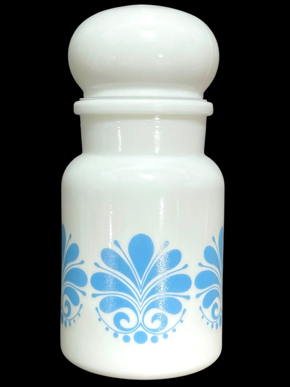 Vintage 1970s Turquoise Floral Milk Glass Apothecary Jar - Bubble Top Canister